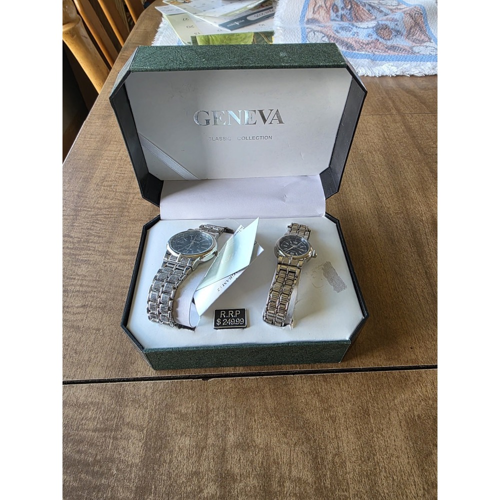 Vintage Geneva Classic Collection Quartz Watch Set Men's & Women's Silver CSC42